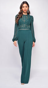 Nerine Crochet Lace Mesh Jumpsuit - Hunter Green